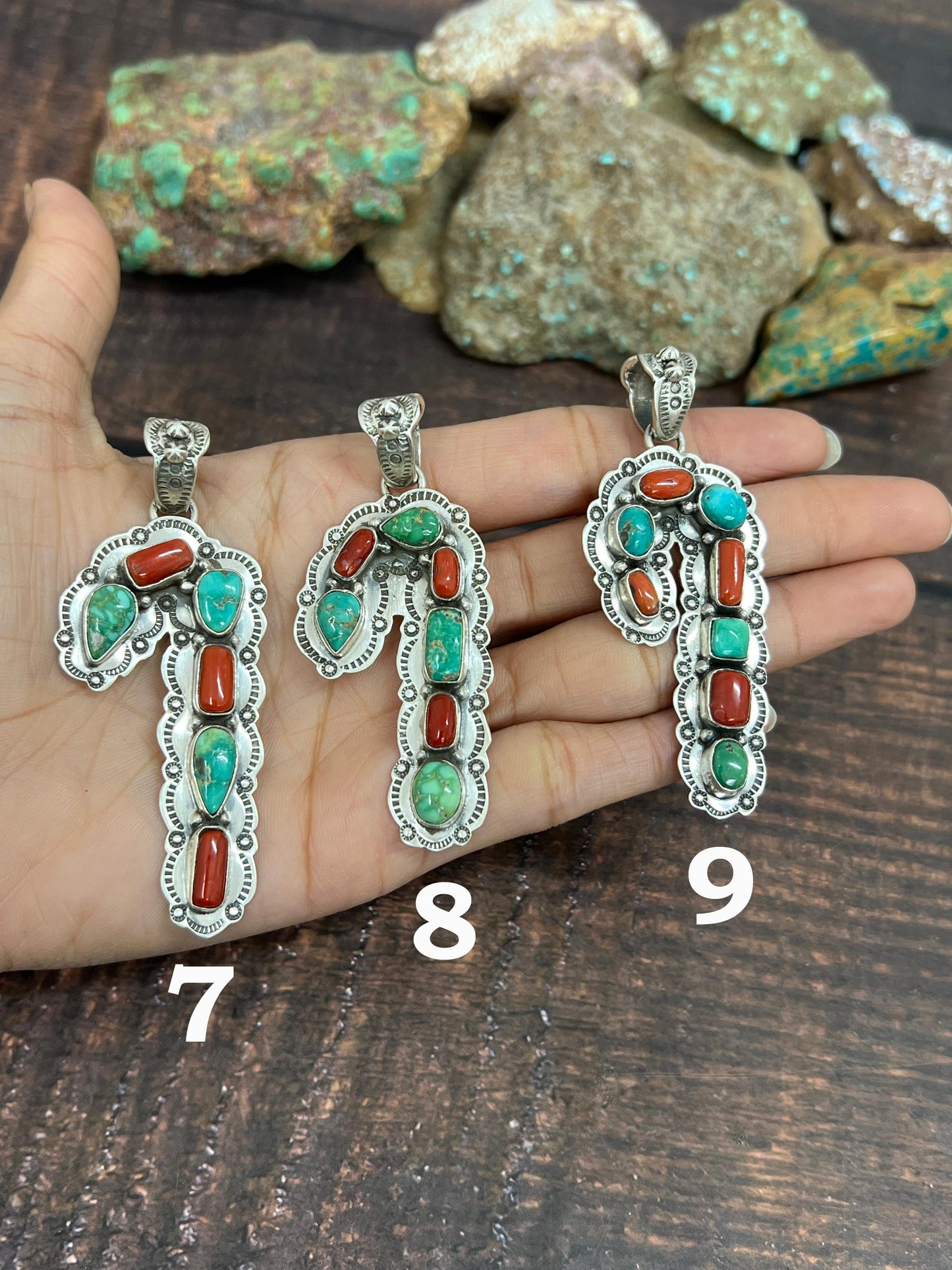 Handmade Sterling Silver Multi Stones Candy Cane Pendant, Signed Nizhoni