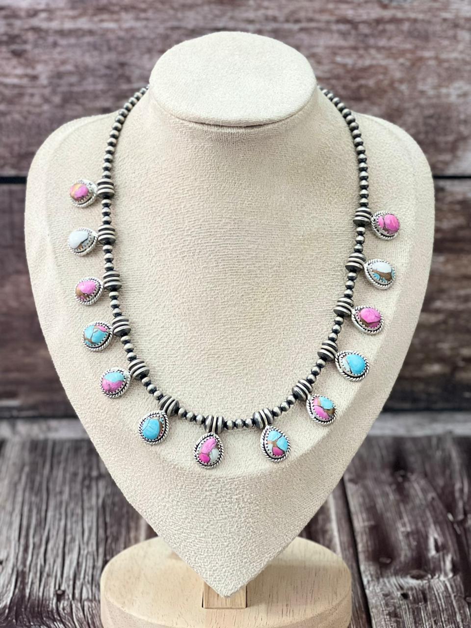Handmade Sterling Silver Cotton Candy Beaded Necklace "Signed Nizhoni"