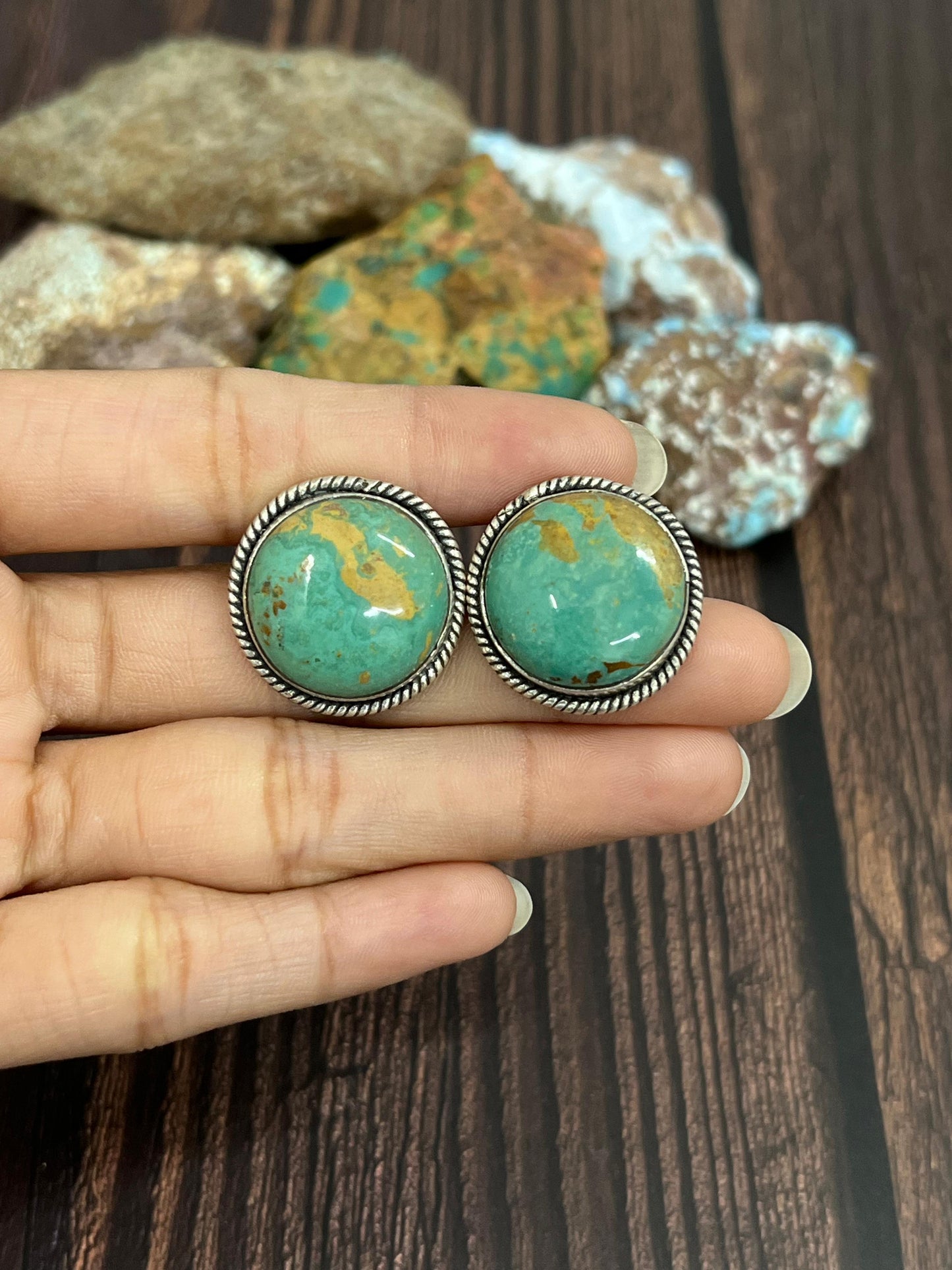 Handmade Sterling Silver Royston Turquoise Post Studs with Signed Nizhoni (8)