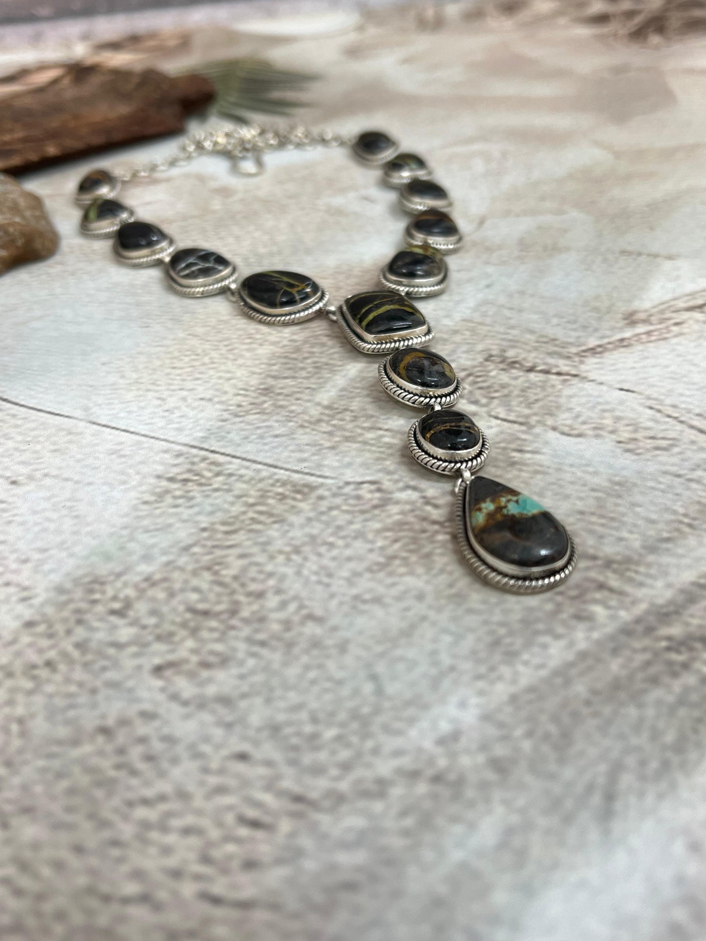Handmade Sterling Silver Blackjack Turquoise Lariat Necklace Signed Nizhoni