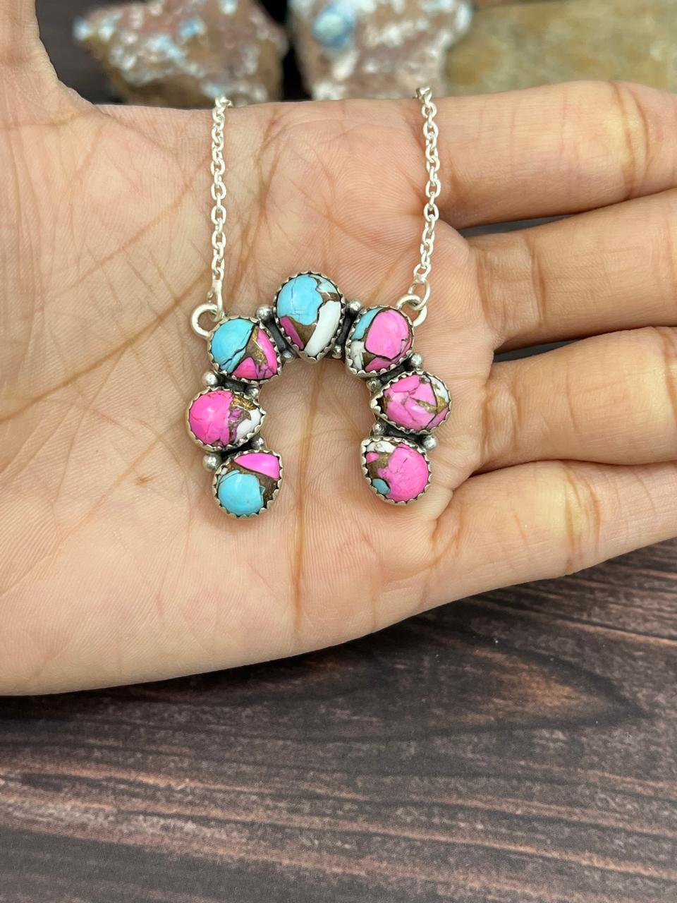 Handmade Sterling Silver Cotton Candy Turquoise Naja Necklace with Signed Nizhoni