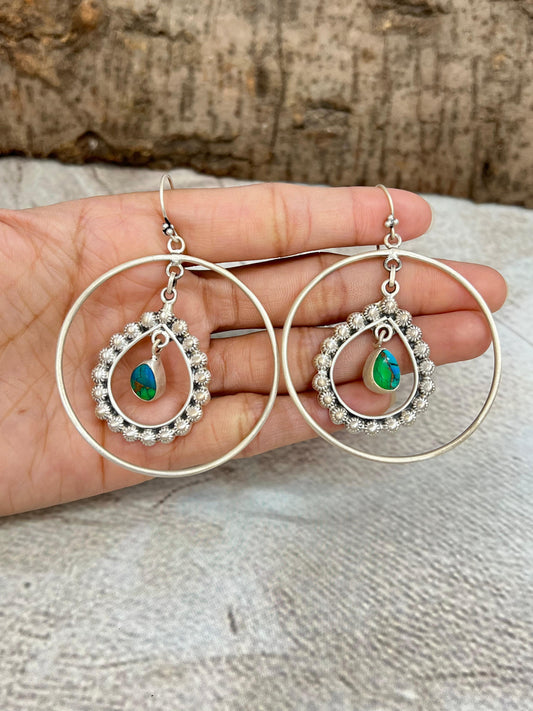 Handmade Sterling Silver Peacock Dahlia, Cotton Candy Turquoise Hoop Earrings with Signed Nizhoni (5)