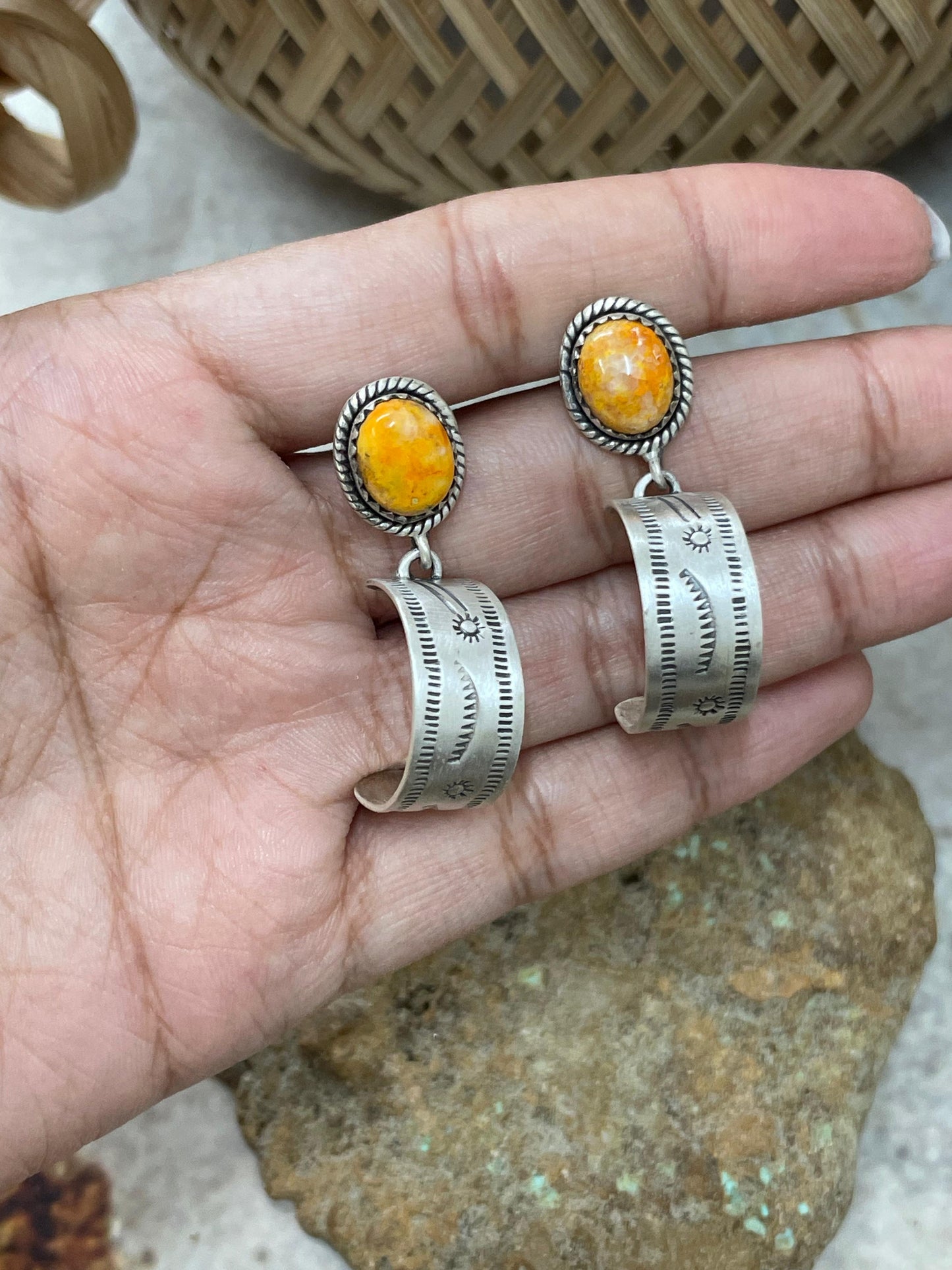 Handmade Sterling Silver Bumblebee Post Hoop Earrings with Signed Nizhoni