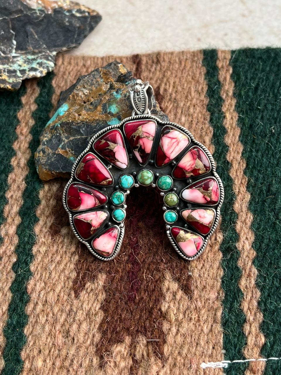 Handmade Sterling Silver Dahlia Rose with Emerald Valley Turquoise Pendant "Signed Nizhoni"