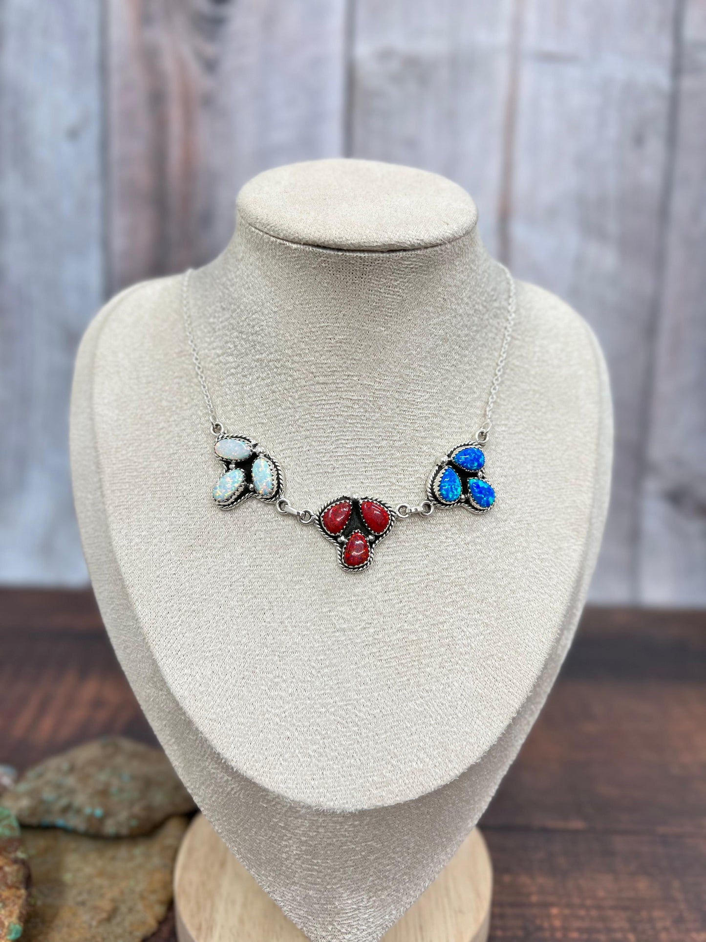 ** 4TH OF JULY ** Handmade Sterling Silver Synthetic Opal Necklace with Signed Nizhoni
