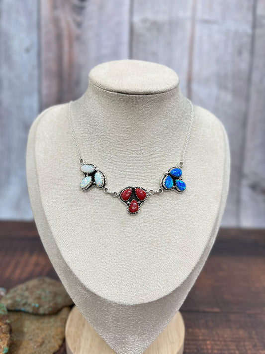 ** 4TH OF JULY ** Handmade Sterling Silver Synthetic Opal Necklace with Signed Nizhoni