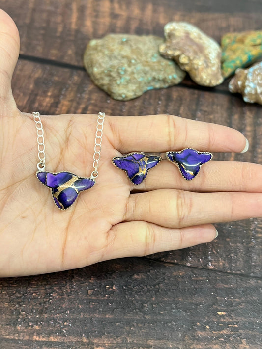 Handmade Sterling Silver Grape Dahlia, Dahlia Rose Bull Necklace Earrings Set with Signed Nizhoni
