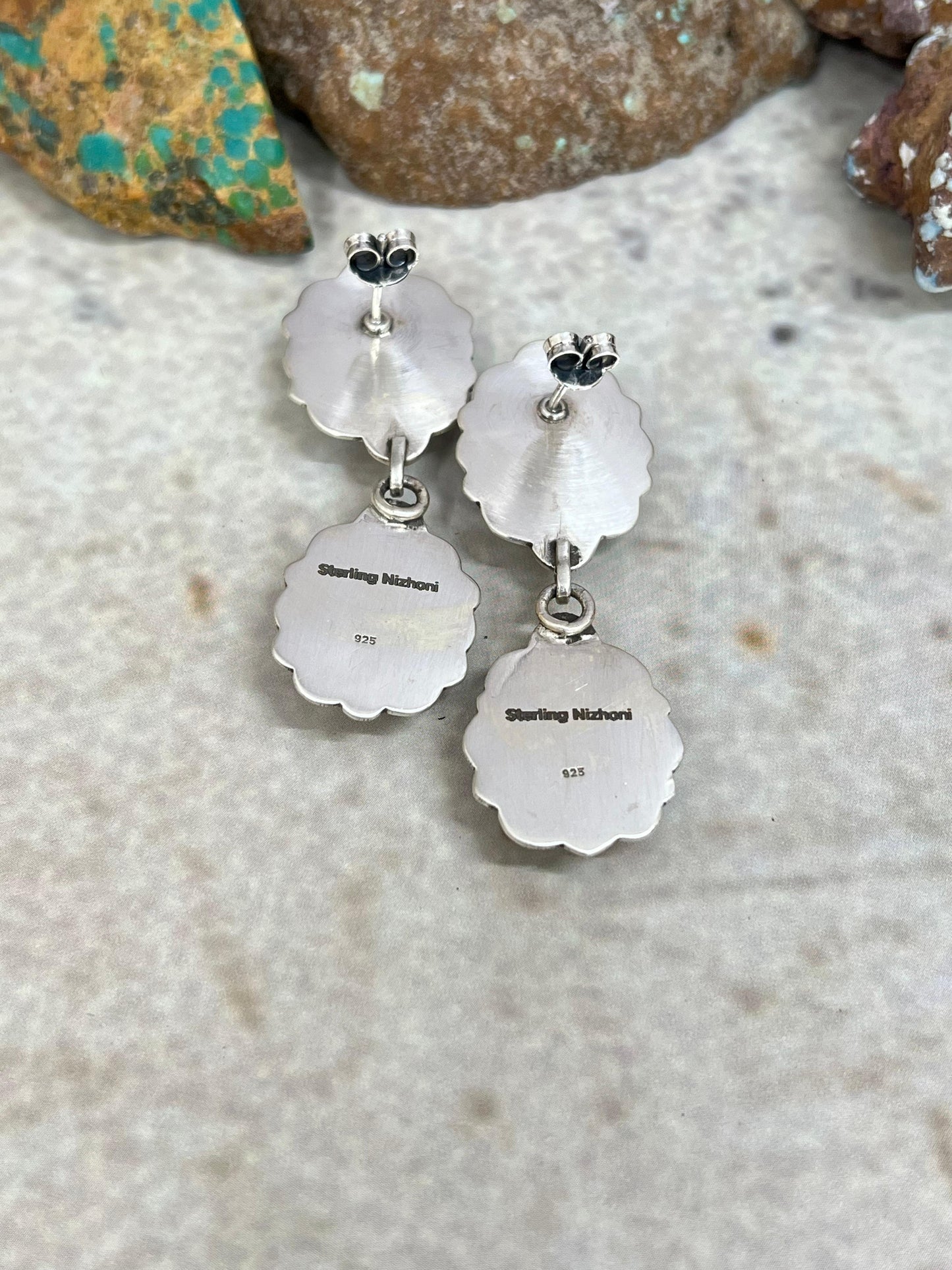 Handmade Sterling Silver Palomino Turquoise Post Dangle Earrings with Signed Nizhoni (1)