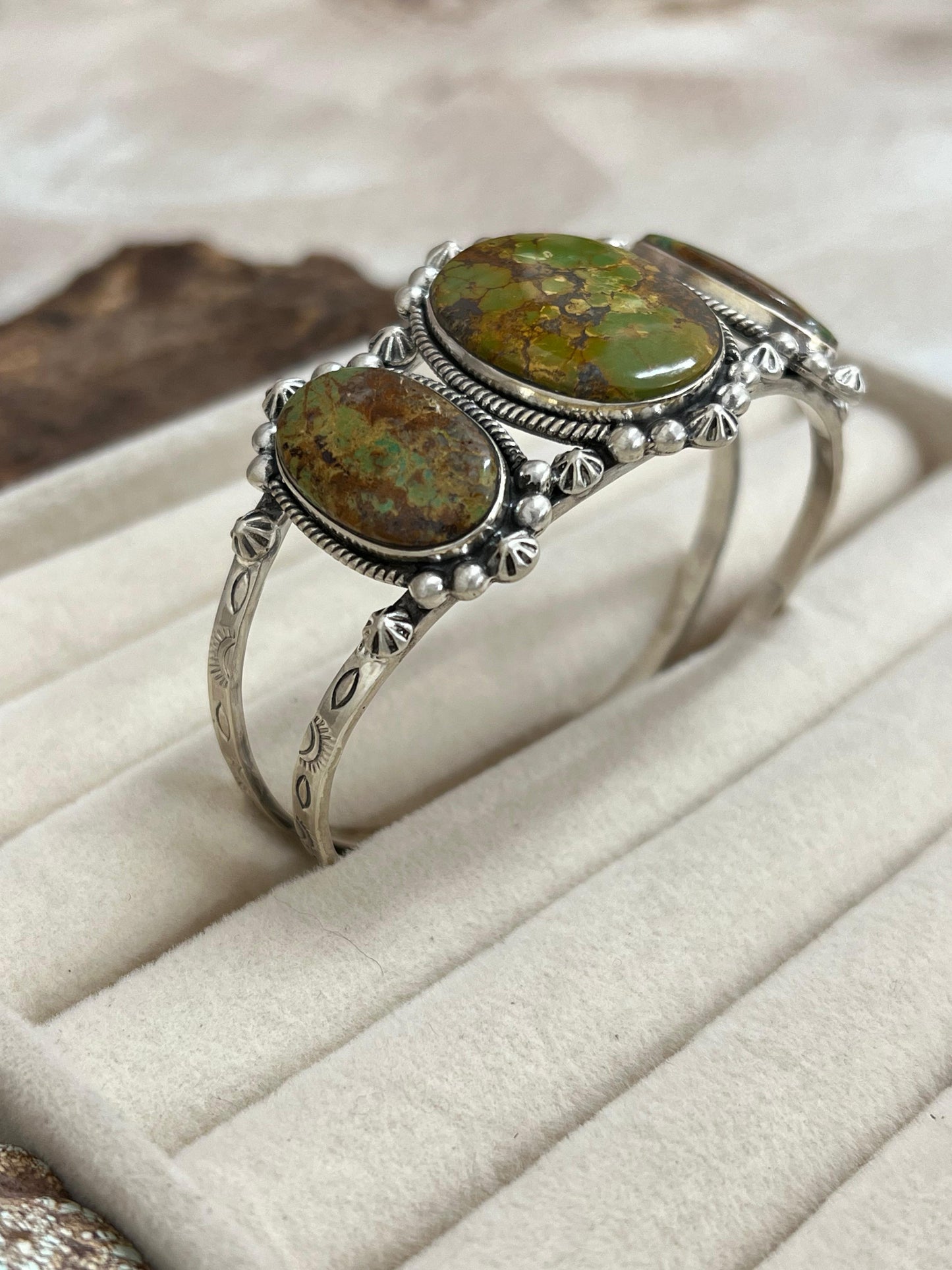Handmade Sterling Silver Old Stock Royston Turquoise Cuff Bracelet with Signed Nizhoni