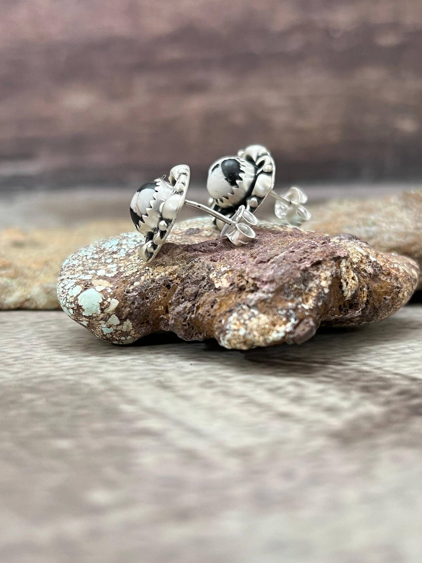 Handmade Sterling Silver White Buffalo Post Studs with Signed Nizhoni
