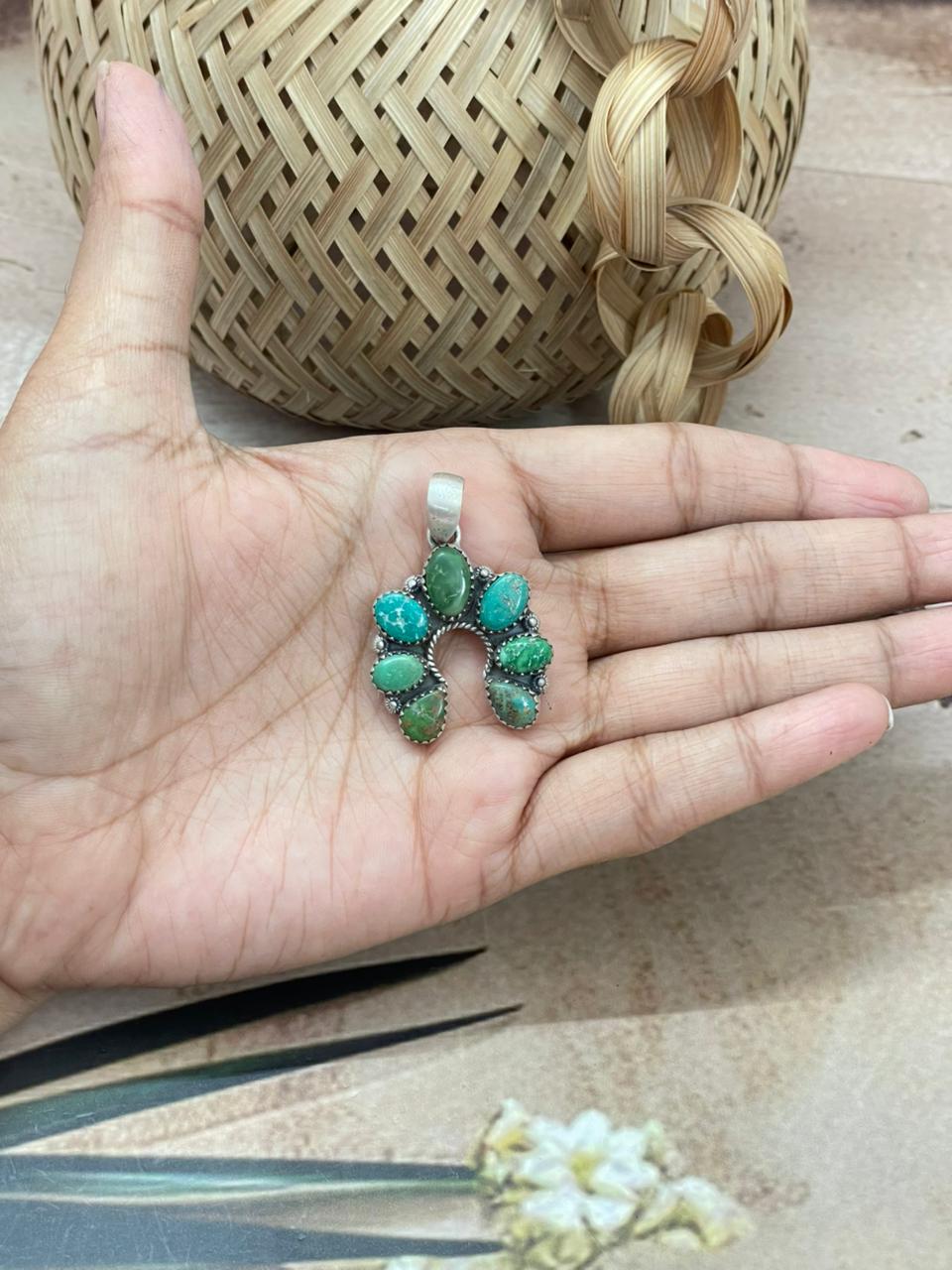 Handmade Sterling Silver Emerald Valley Naja Pendant with Signed Nizhoni