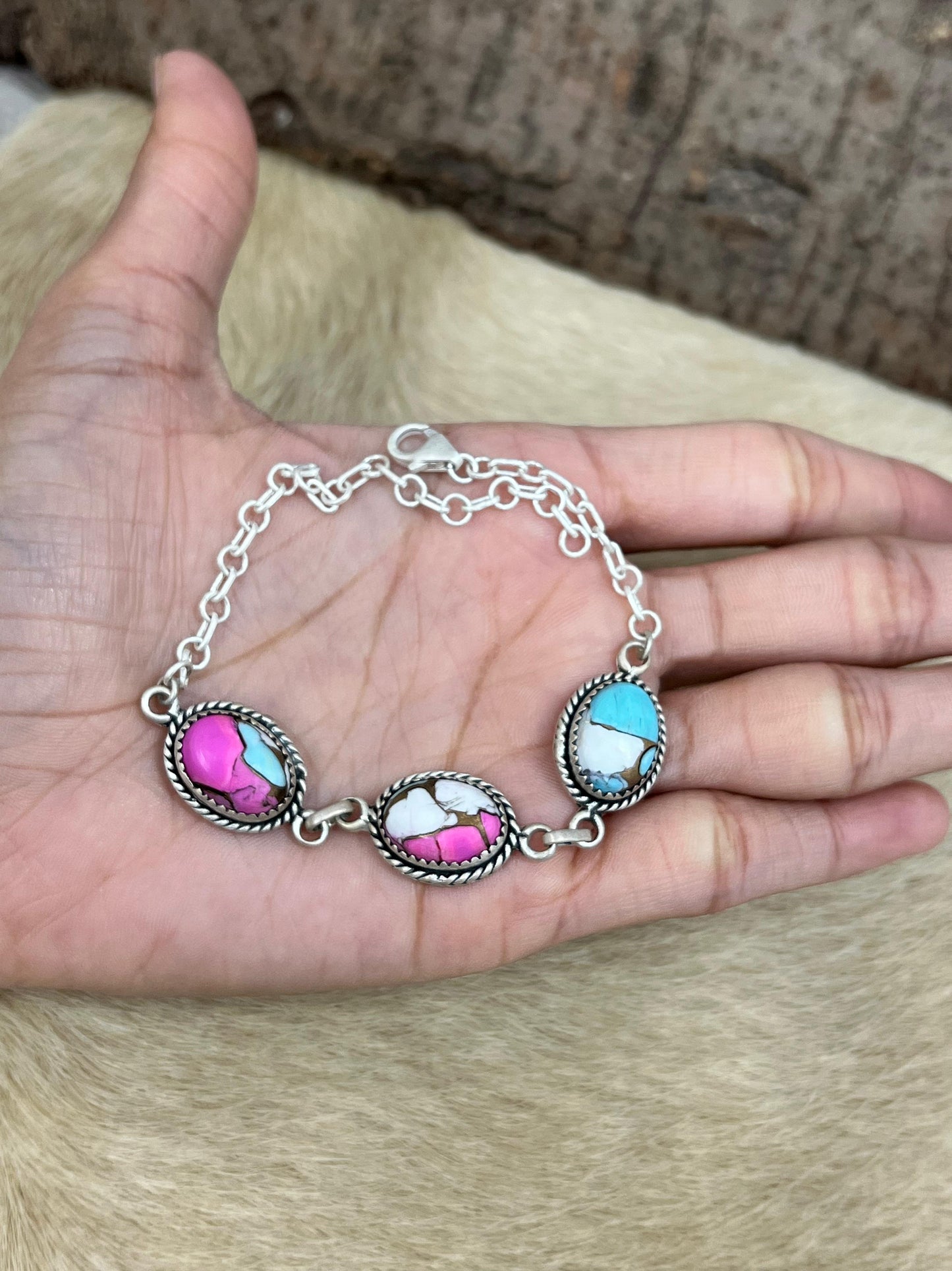 Handmade Sterling Silver Cotton Candy Turquoise Chain Bracelet with Signed Nizhoni (9)