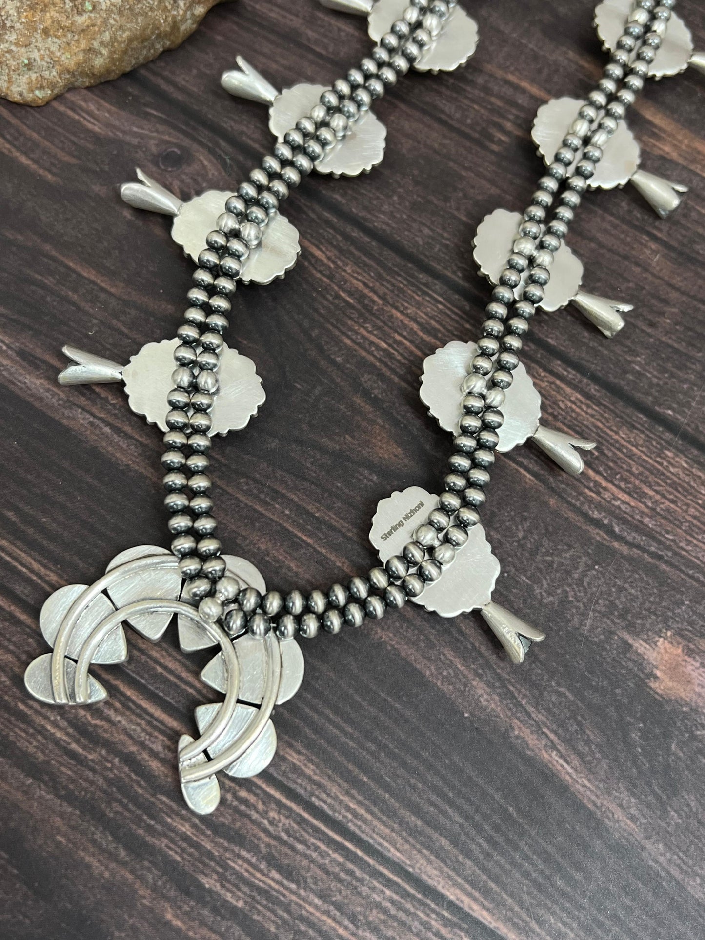 Handmade Sterling Silver South Hill Turquoise Beaded Necklace with Signed Nizhoni