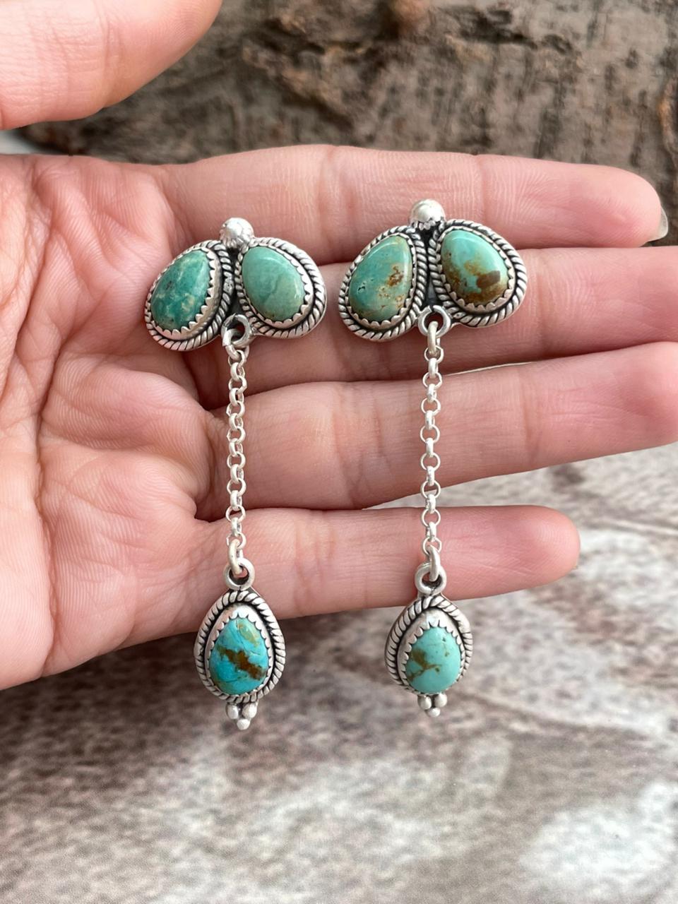 Handmade Sterling Silver Old stock Royston Turquoise Post Dangle Earrings "Signed Nizhoni"