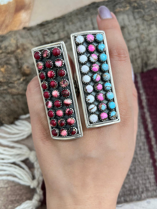 Handmade Sterling Silver Cotton Candy, Dahlia Rose Adjustable Rings with Signed Nizhoni