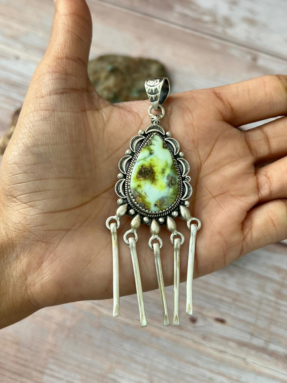 Handmade Sterling Silver Palomino Turquoise Pendant with Signed Nizhoni