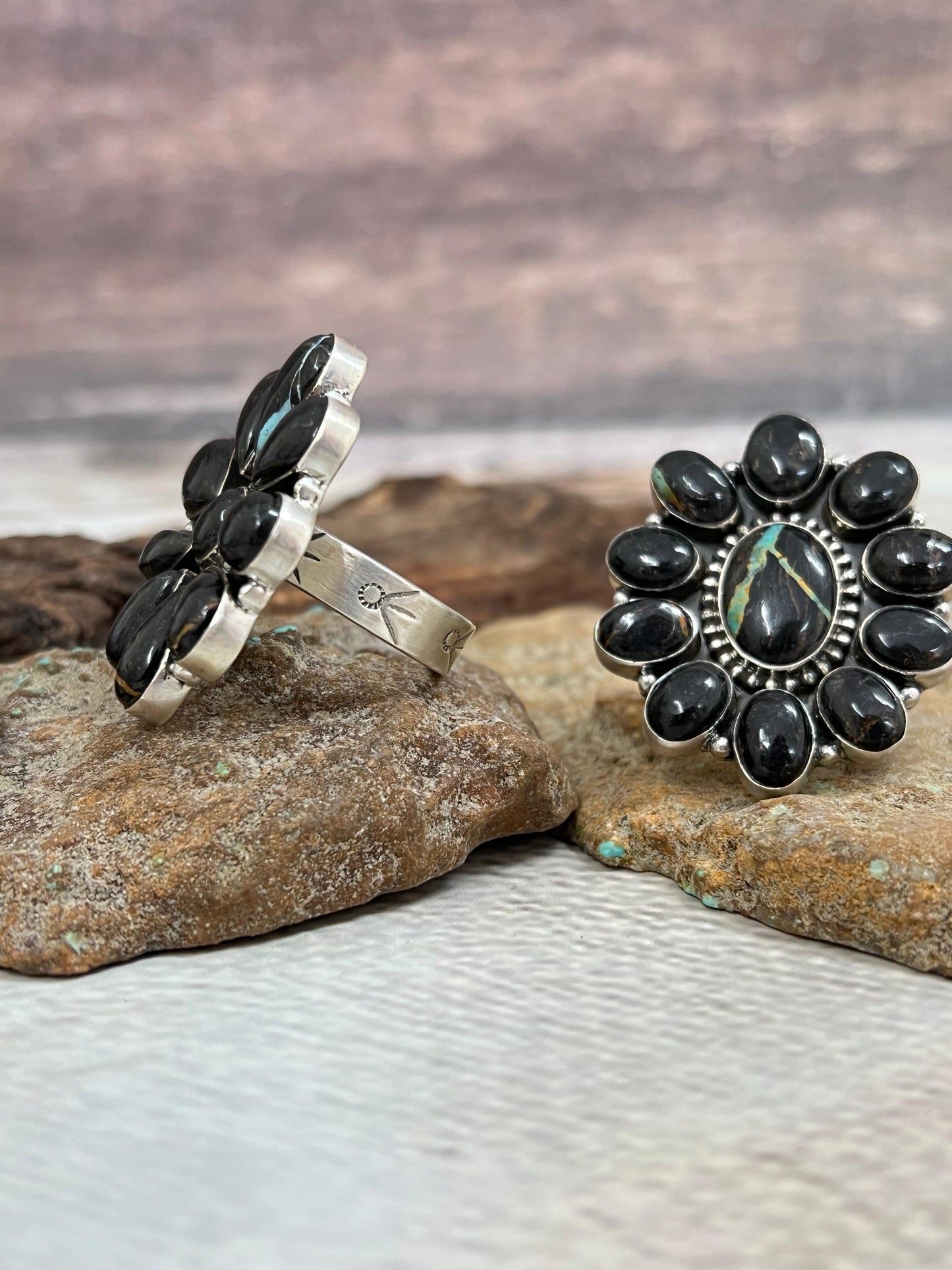 Handmade Sterling Silver Blackjack Turquoise Adjustable Ring Signed Nizhoni