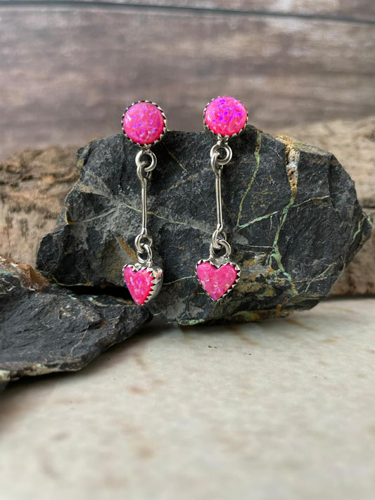 "Heart Collection" Handmade Sterling Silver Hot Pink Post Dangle Earrings "Signed Nizhoni"