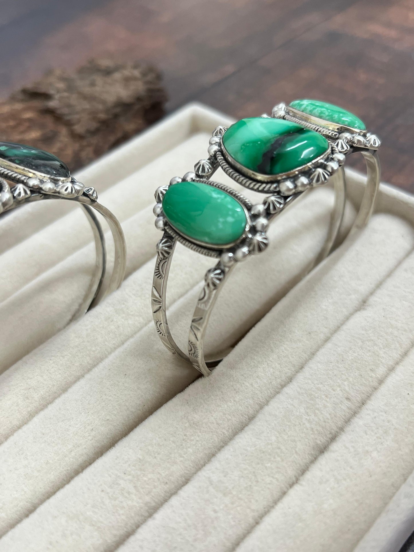 Handmade Sterling Silver Emerald Rose Cuff Bracelet with Signed Nizhoni