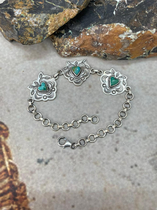"Heart Collection" Handmade Sterling Silver Kingman Turquoise Chain Bracelet "Signed Nizhoni"