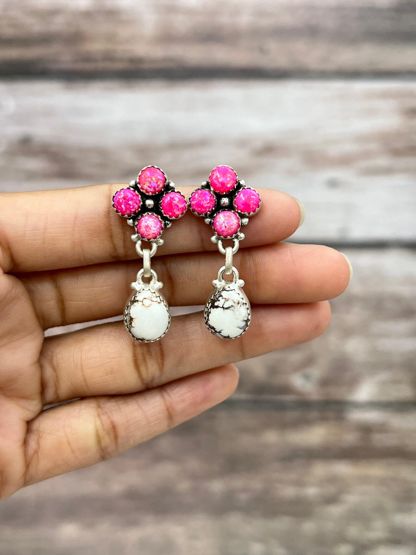 Handmade Sterling Silver Wild Horse with Pink Fire Opal Post Dangle Earrings, Signed Nizhoni (7)