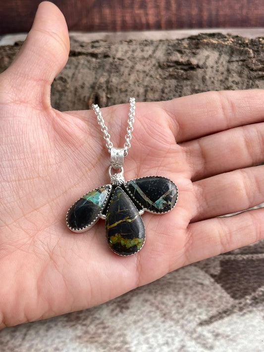Handmade Sterling Silver Blackjack Turquoise Necklace "Signed Nizhoni"