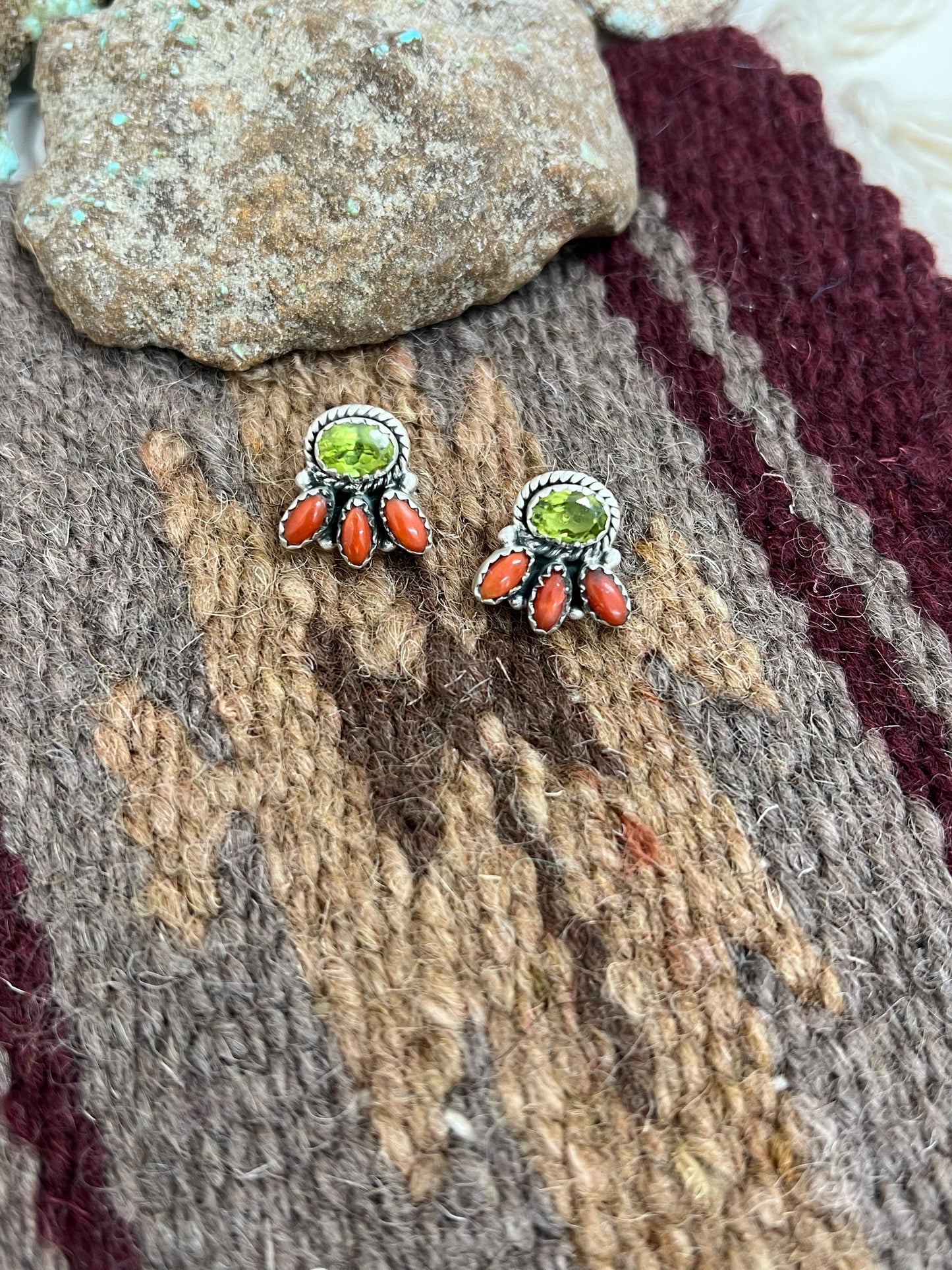 Christmas Collection Handmade Sterling Silver Coral with Peridot Post Studs, Signed Nizhoni