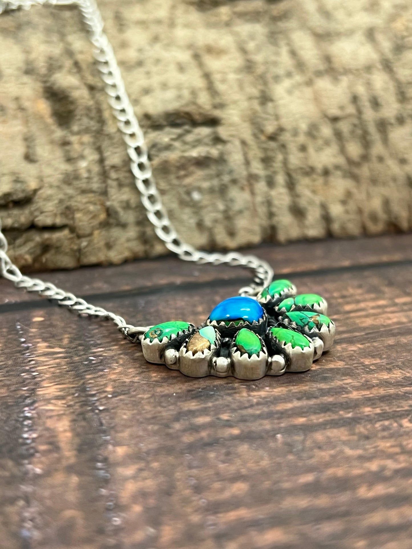 Handmade Sterling Silver Peacock Dahlia Necklace with Signed Nizhoni