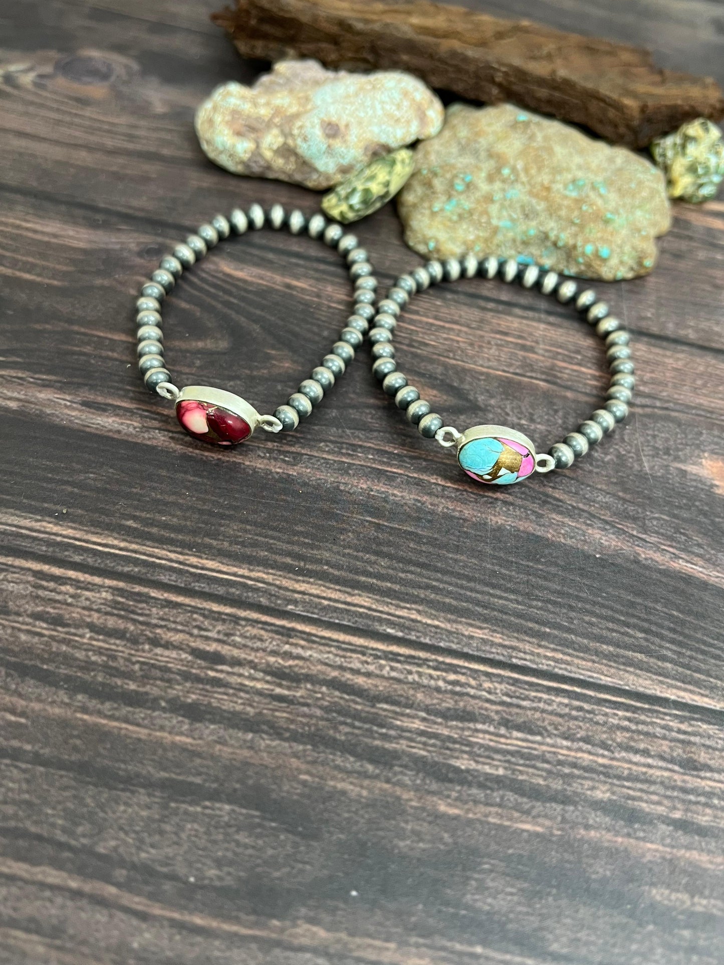 Handmade Sterling Silver Cotton Candy, Dahlia Rose Beaded Bracelet with Signed Nizhoni