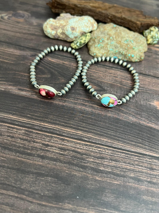 Handmade Sterling Silver Cotton Candy, Dahlia Rose Beaded Bracelet with Signed Nizhoni