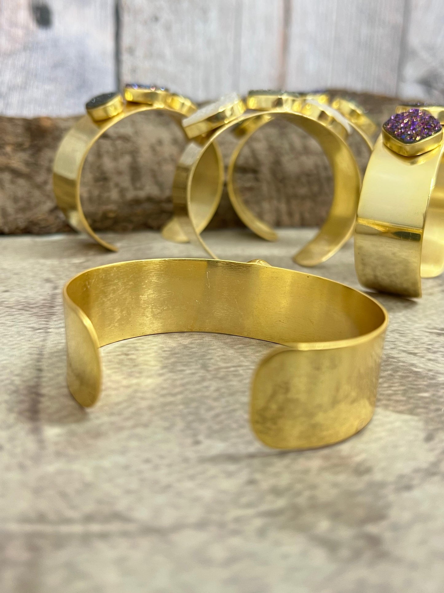 “The Boho Collection” Handmade Natural Gold Plated 3 Stone Druzy Cuff Bracelet