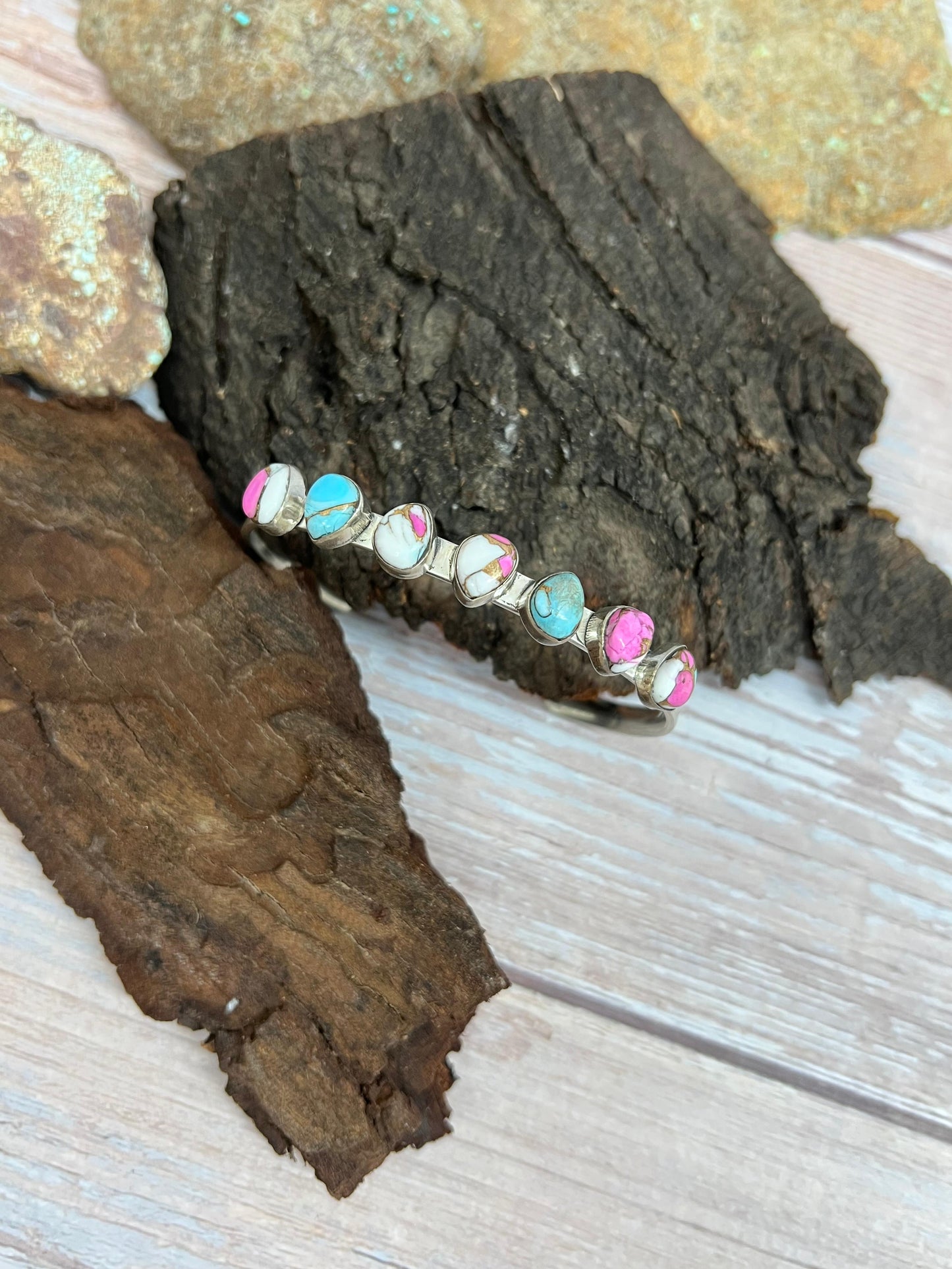 Handmade Sterling Silver Cotton Candy Turquoise Cuff Bracelet with Signed Nizhoni (6)