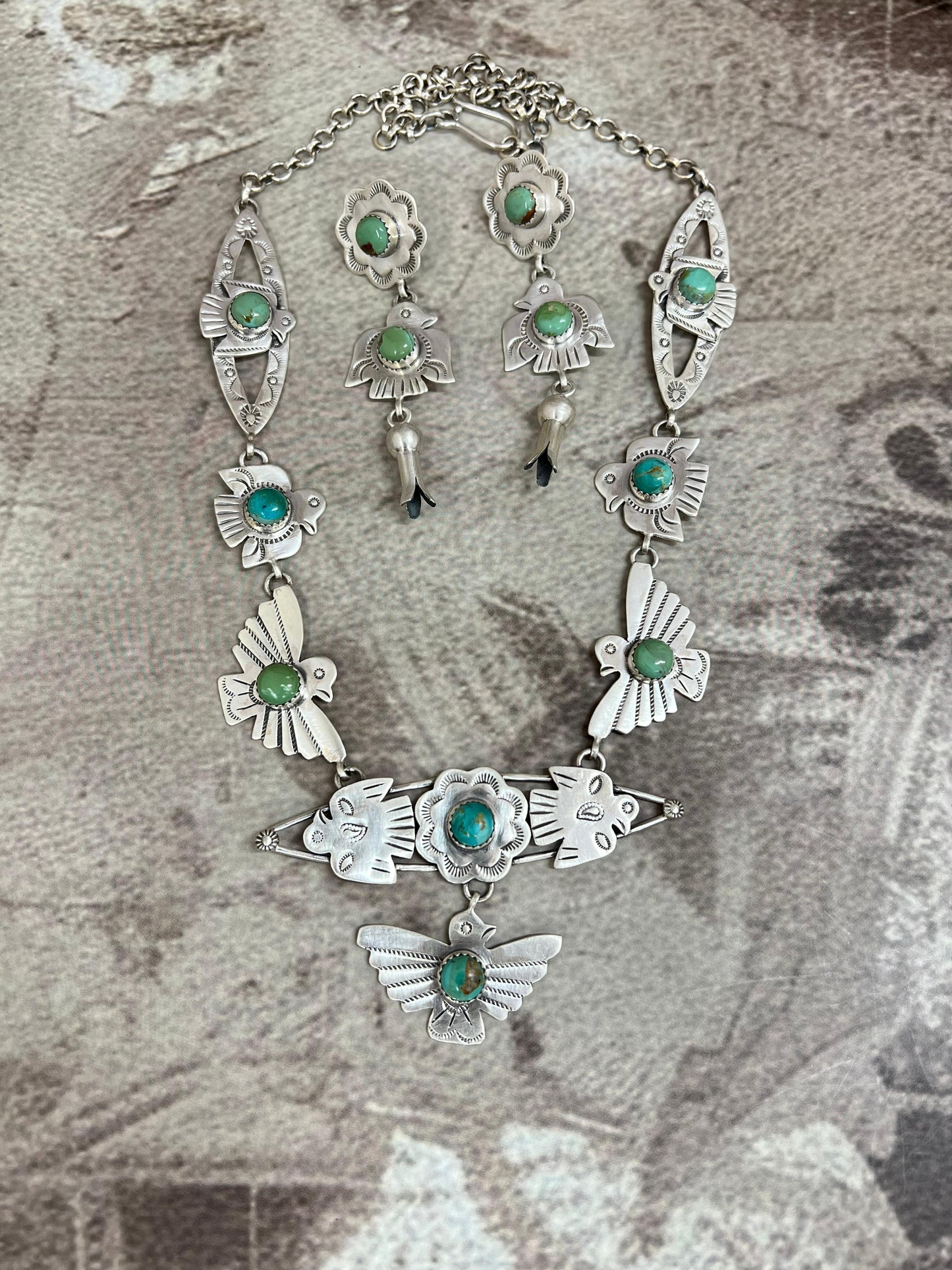 Handmade Sterling Silver Kingman Turquoise Necklace Earrings Set with Signed Nizhoni (1)
