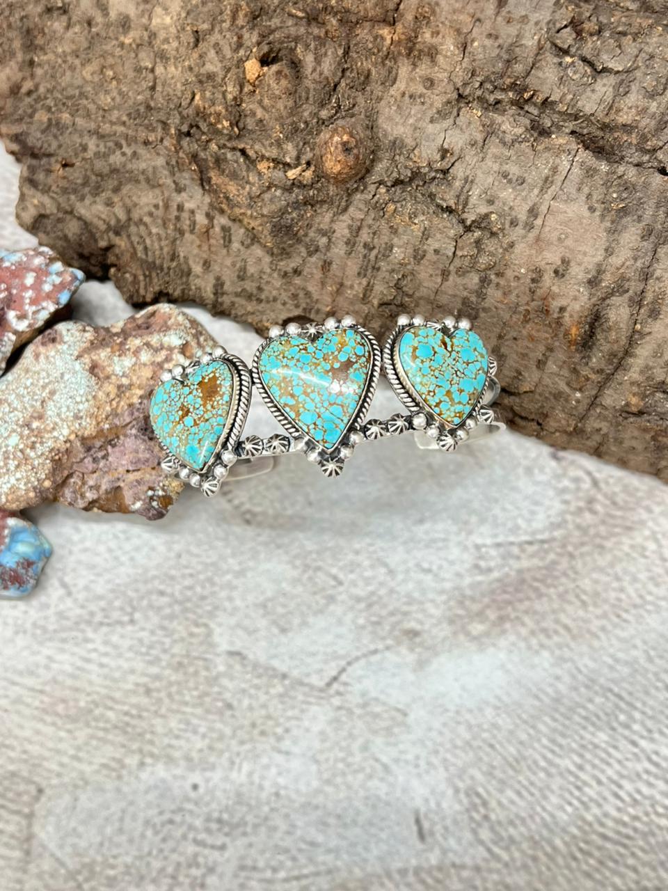 Handmade Sterling Silver Number 8 Turquoise Heart Cuff Bracelet with Signed Nizhoni