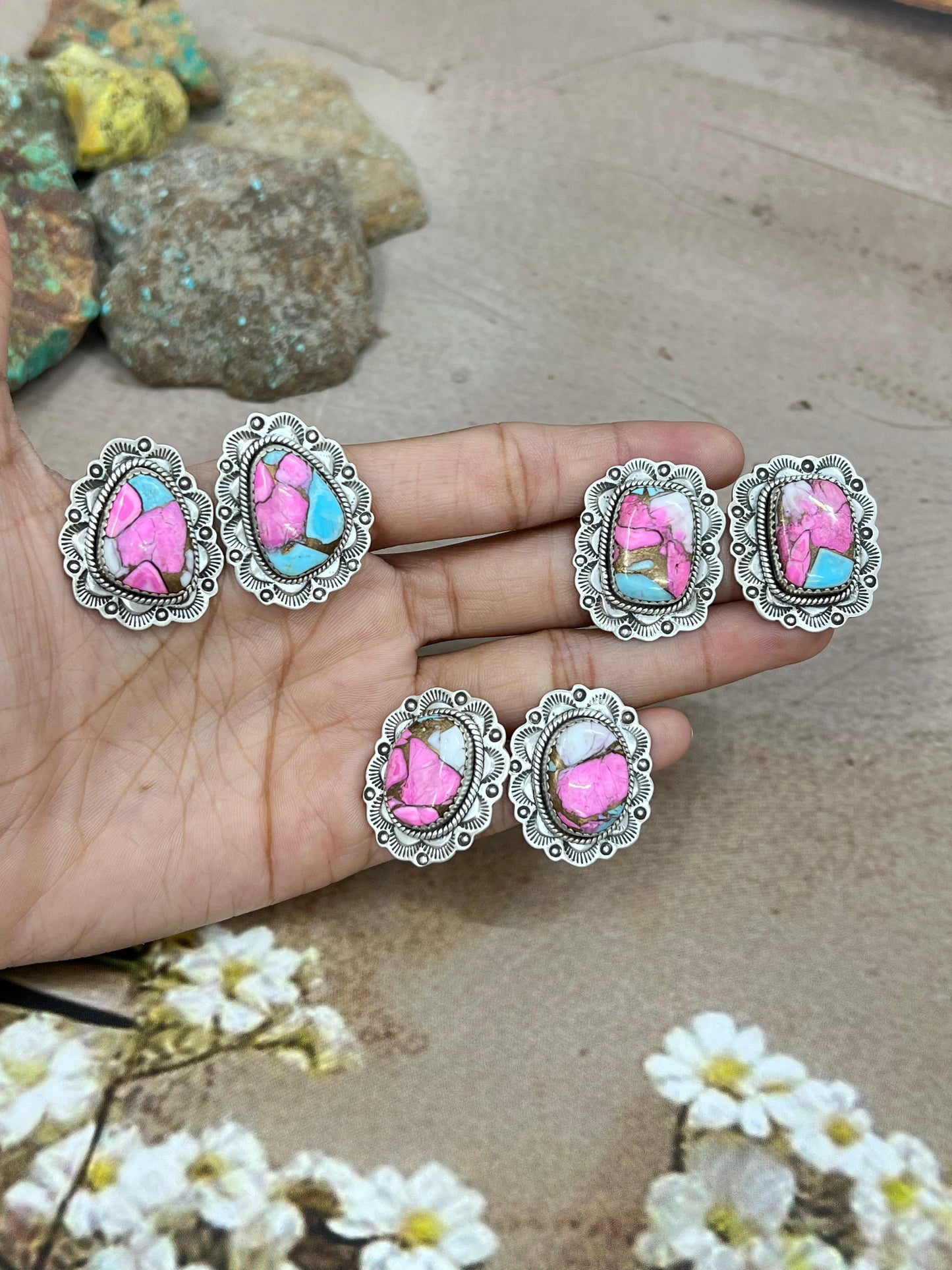 Handmade Sterling Silver Cotton Candy Turquoise Post Earrings with Signed Nizhoni