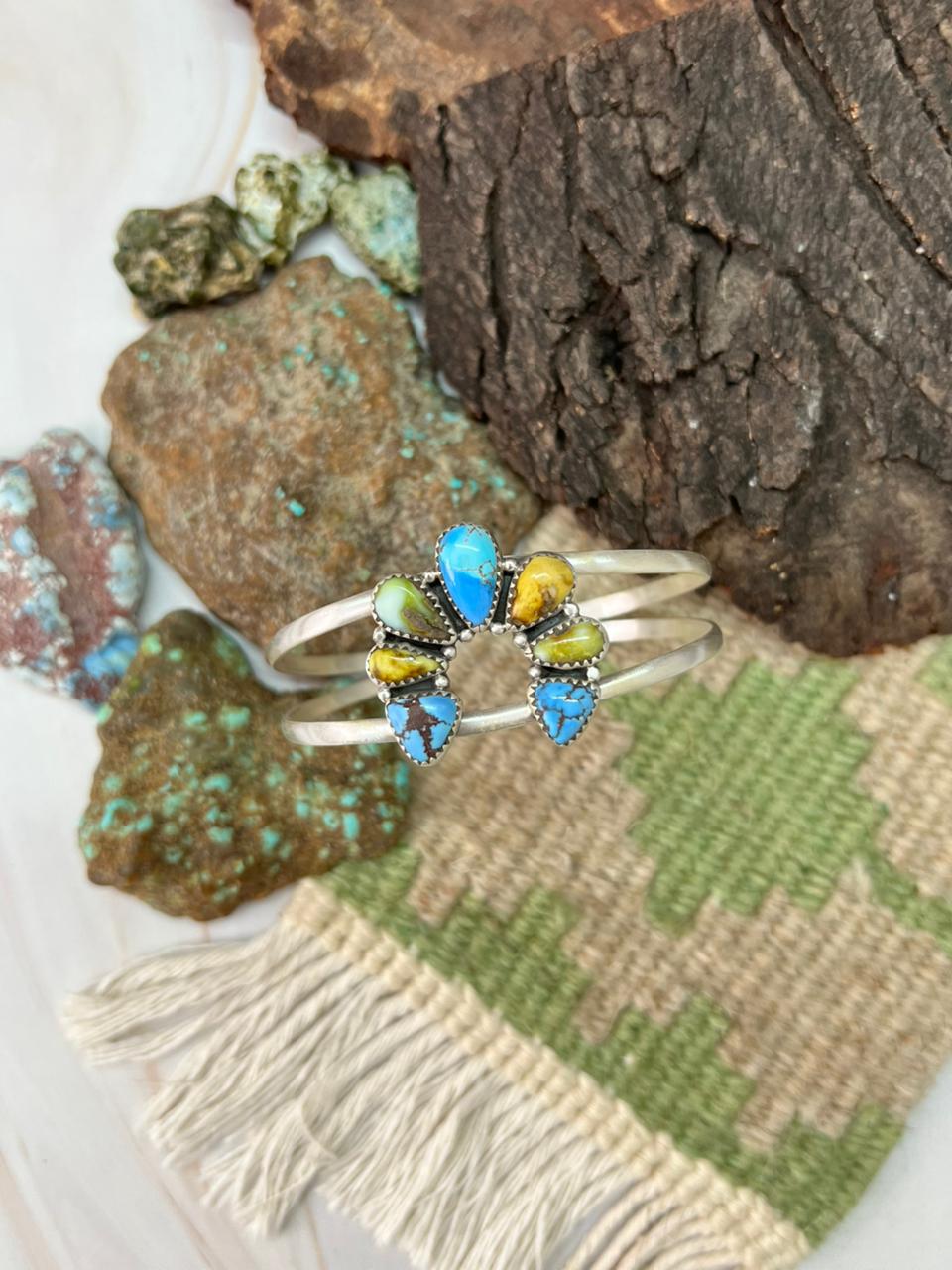 Handmade Sterling Silver Palomino with Golden Hills and Sonoran Turquoise Naja Bracelet "Signed Nizhoni"