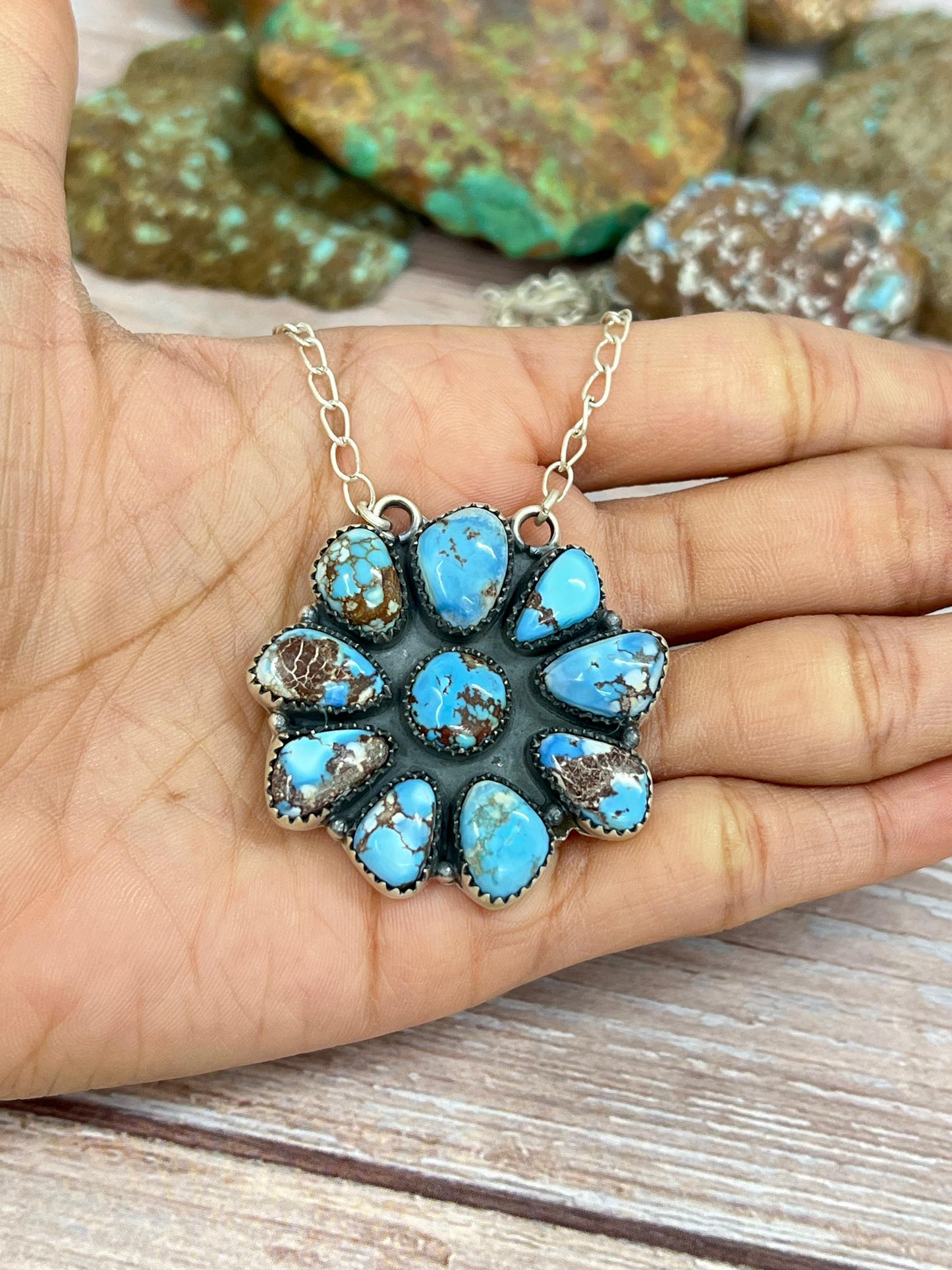 Handmade Sterling Silver Golden Hills Turquoise Necklace with Signed Nizhoni