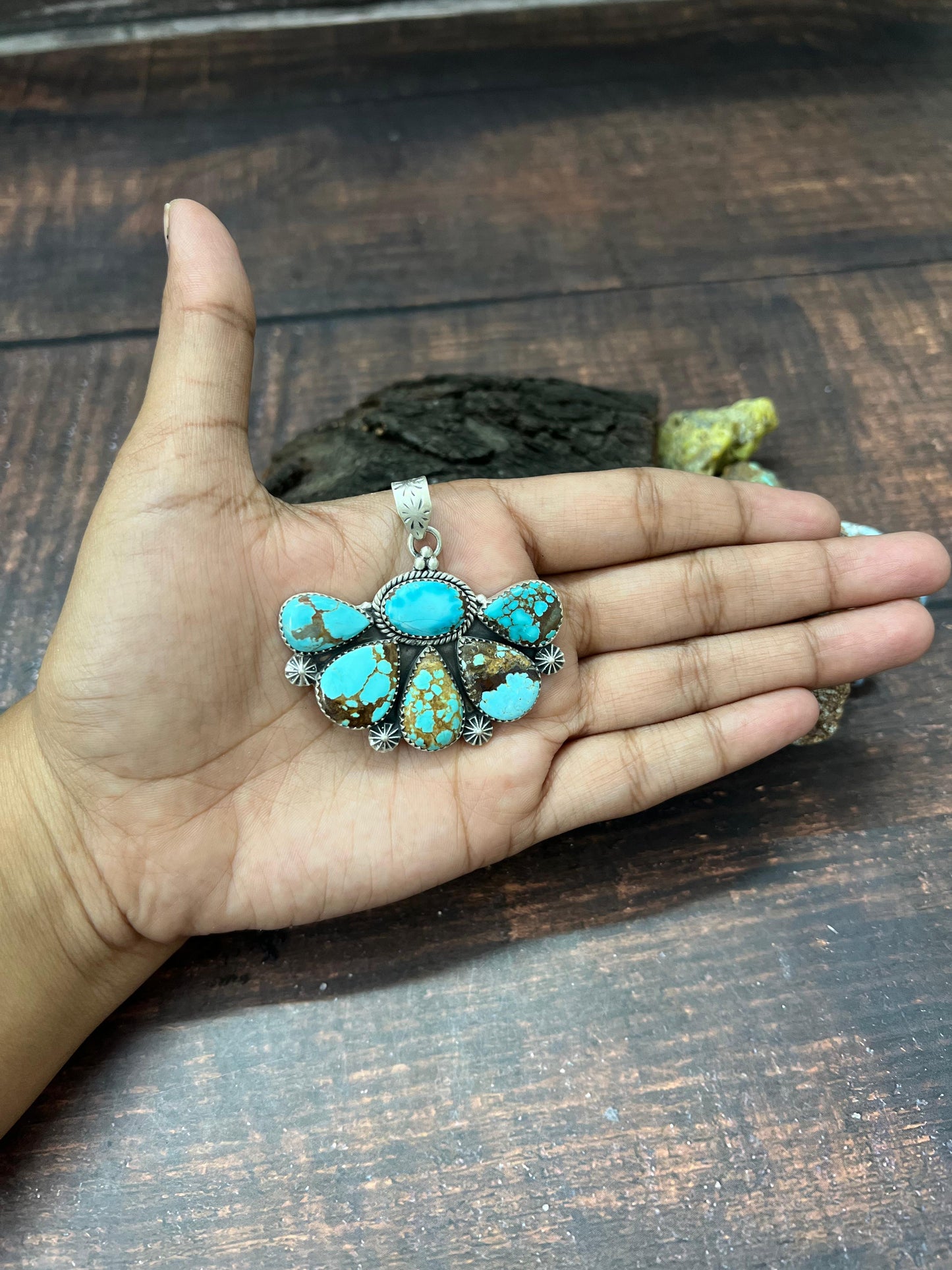 Handmade Sterling Silver Number 8 Turquoise Pendant with Signed Nizhoni