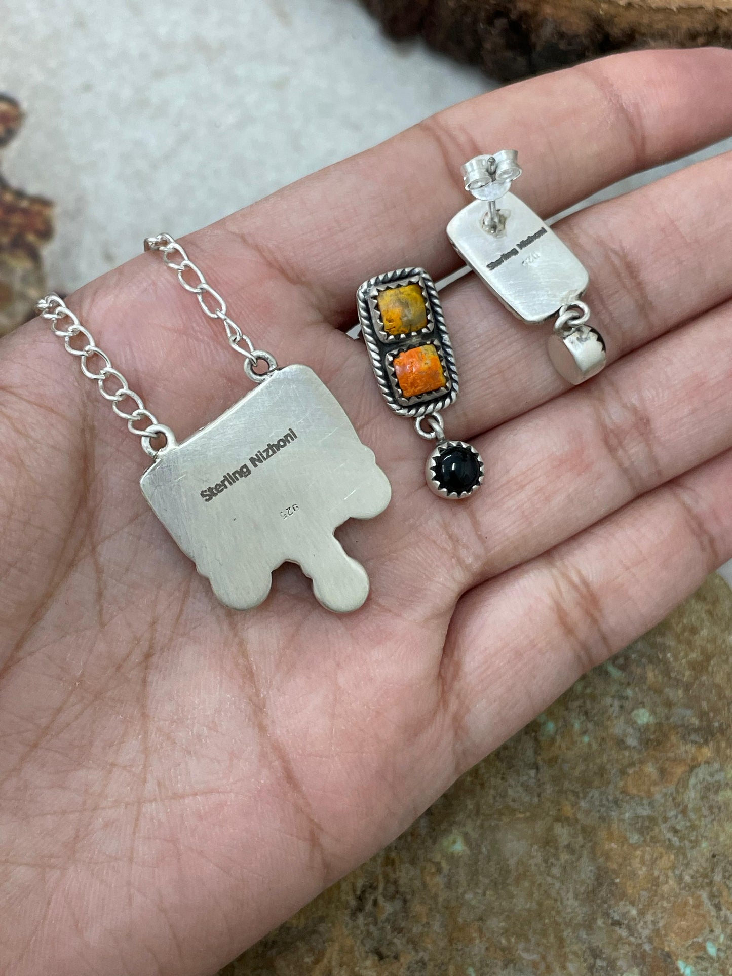 "Halloween Collection" Handmade Sterling Silver Black Onyx, Bumblebee Necklace with Signed Nizhoni