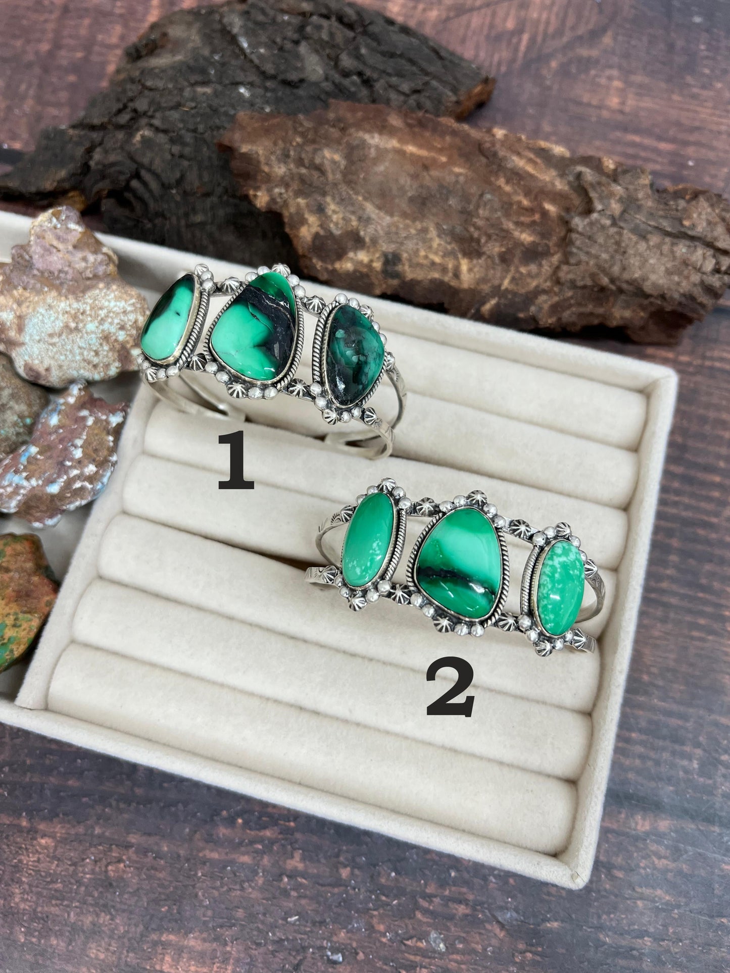 Handmade Sterling Silver Emerald Rose Cuff Bracelet with Signed Nizhoni