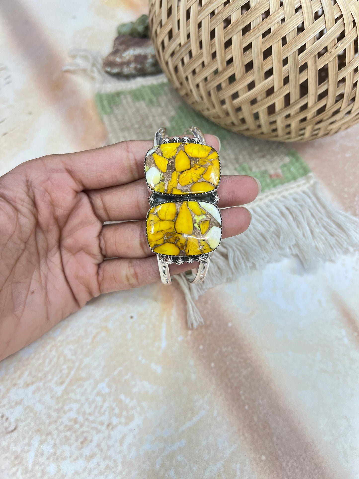 Handmade Sterling Silver Honey Dahlia Cuff Bracelet with Signed Nizhoni