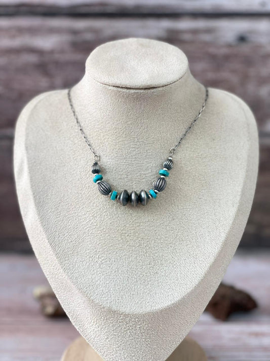 Handmade Sterling Silver Kingman Turquoise Beaded Necklace Signed Nizhoni