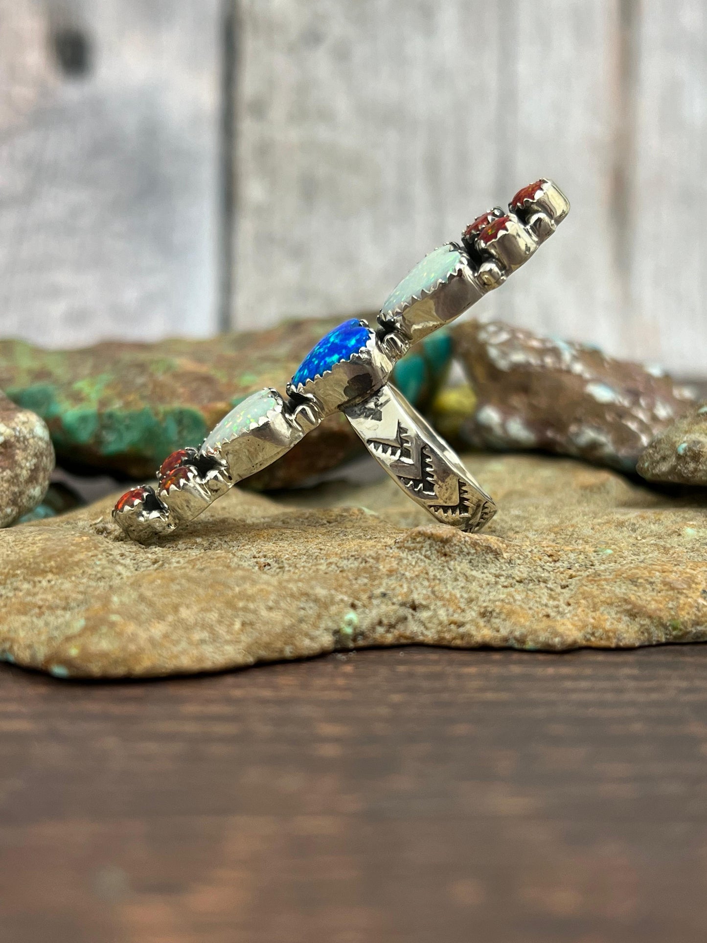 ** 4TH OF JULY ** Handmade Sterling Silver Synthetic Opal Adjustable Heart Ring with Signed Nizhoni