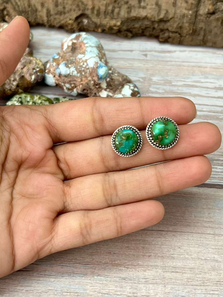 Handmade Sterling Silver Sonoran Mountain Turquoise Post Studs with Signed Nizhoni