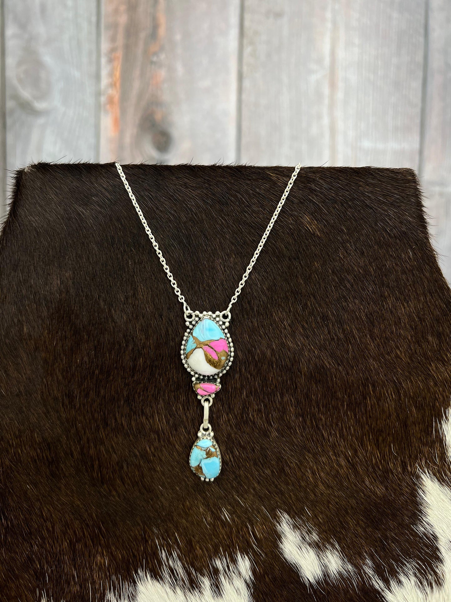 Handmade Sterling Silver Cotton Candy Turquoise Necklace with Signed Nizhoni