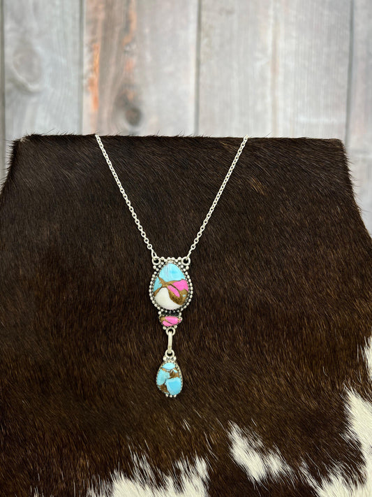 Handmade Sterling Silver Cotton Candy Turquoise Necklace with Signed Nizhoni