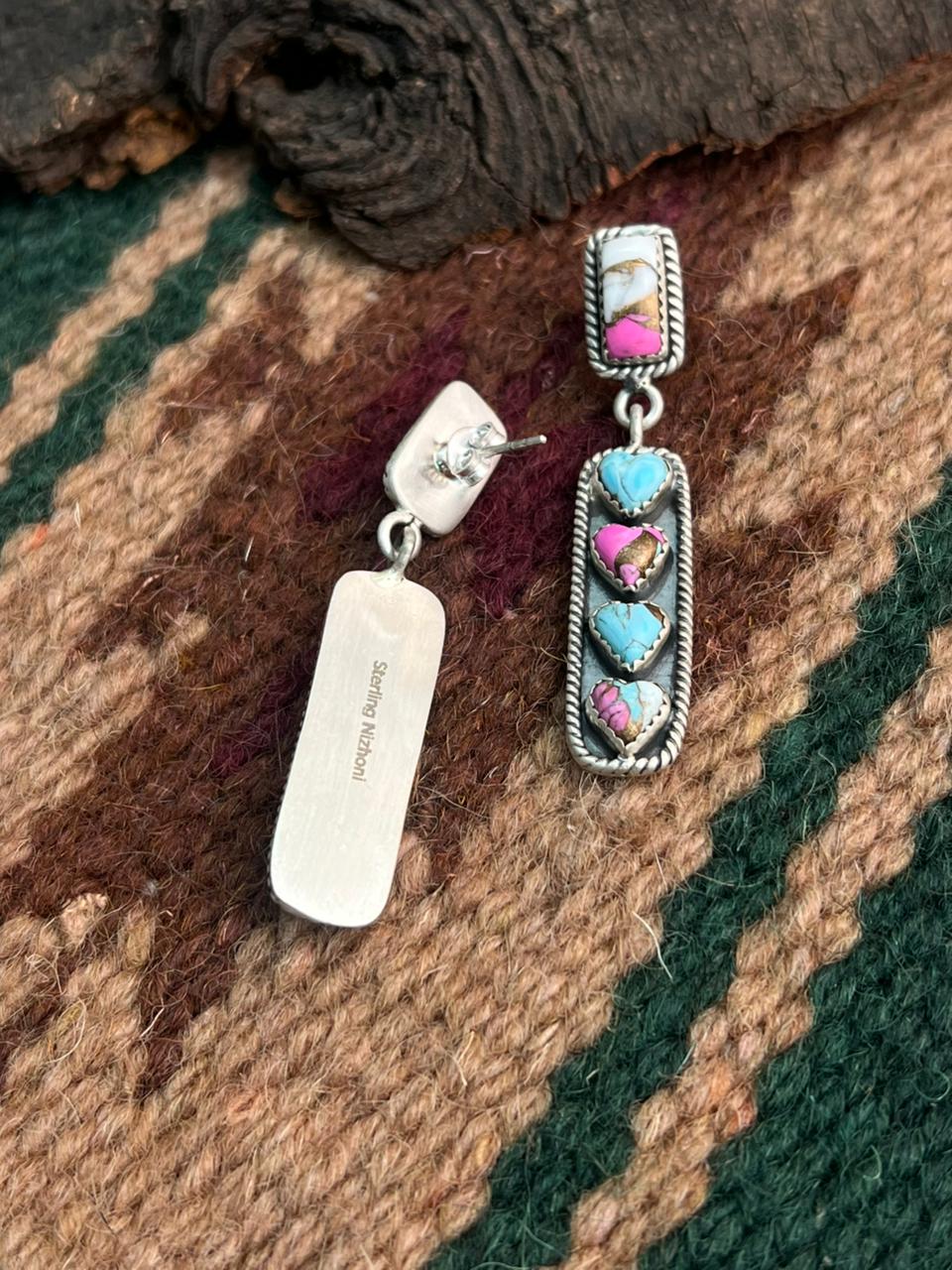"Heart Collection" Handmade Sterling Silver Cotton Candy Post Dangle Earrings "Signed Nizhoni"
