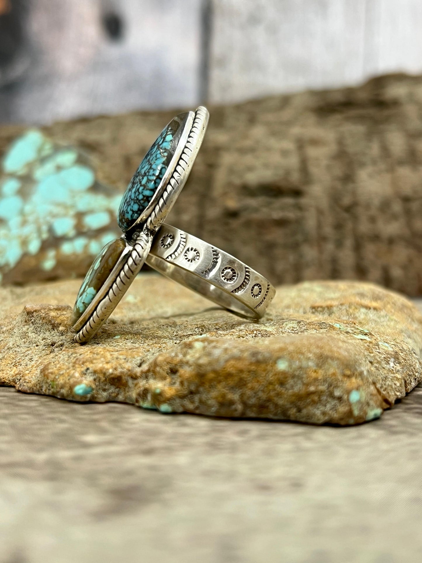 Handmade Sterling Silver Number 8 Turquoise Adjustable Ring with Signed Nizhoni