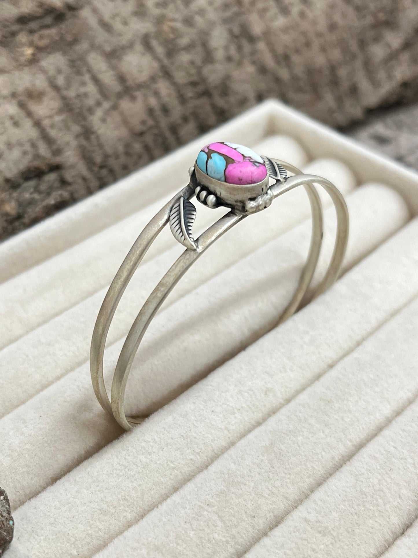 Handmade Sterling Silver Cotton Candy Turquoise Bracelet with Signed Nizhoni