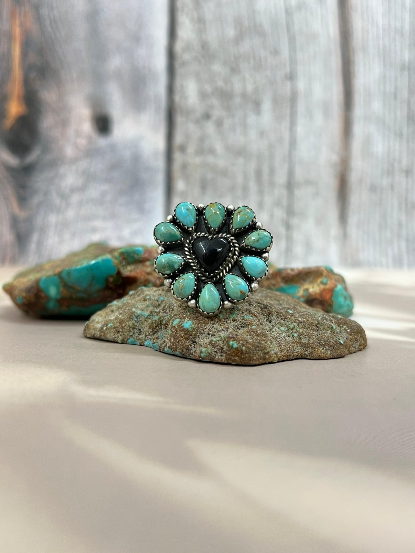 Handmade Sterling Silver Kingman Turquoise, Black Onyx Adjustable Heart Ring with Signed Nizhoni